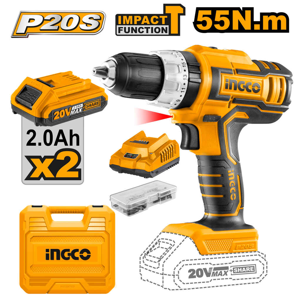 TALADRO IMPACTO 1/2 LIT-ION INALAMBRICO 20V INGCO