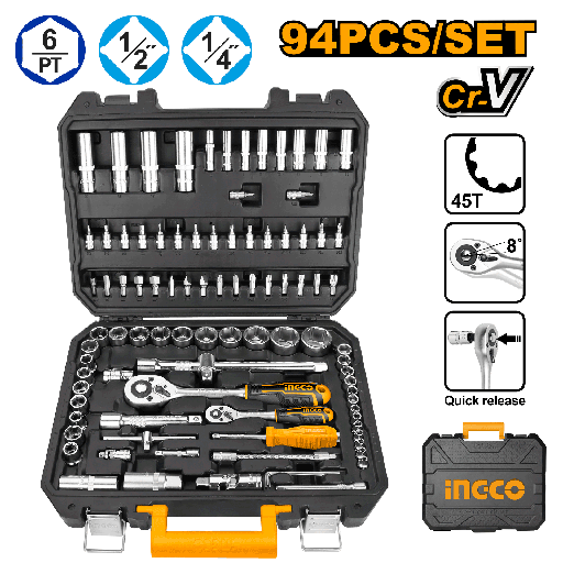 [HKTS42941] JUEGO DE SOCKET 1/4 Y 1/2 94 PCS