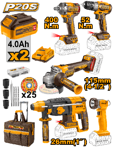 [UCKLI2058] COMBO INGCO 5 HERRAMIENTAS 20V 